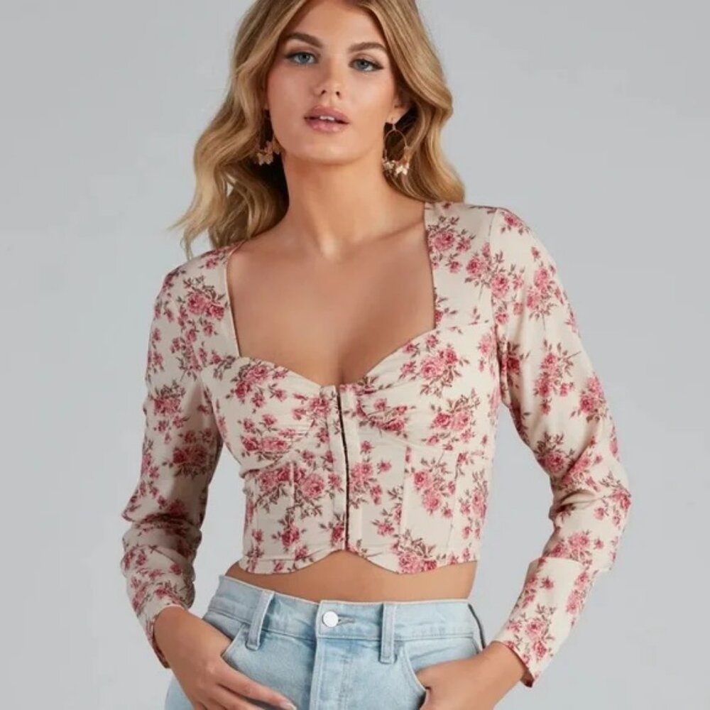 Windsor Thin Cropped Pink Roses Corset Top With Bra Cups Front Hooks Small - Picture 1 of 16
